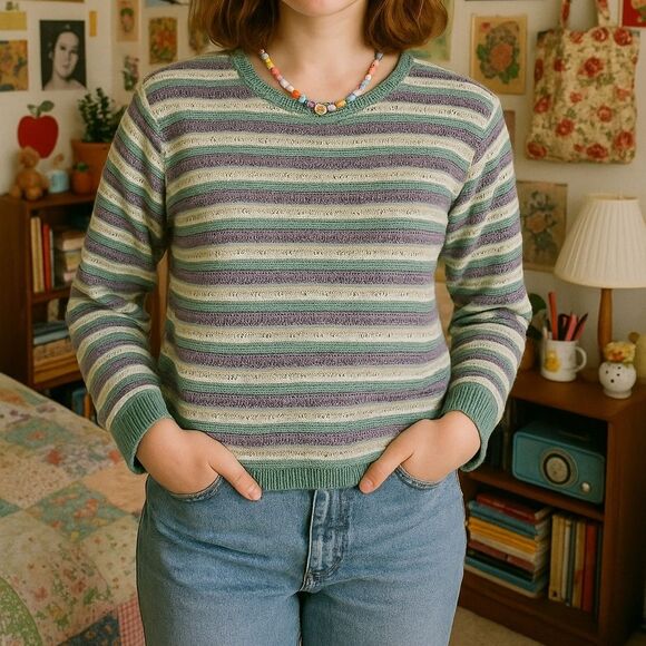 Sweater XL Eggplant Purple Sage Green Ecru Cream Stripe Open Knit Cluttercore - Picture 1 of 8